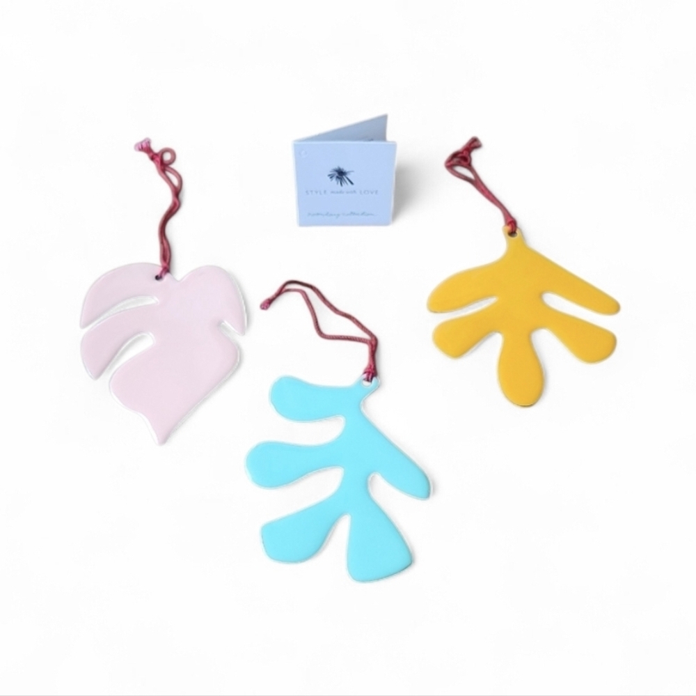 Noonday Collection Metal Enamel Leaf Tropical Boho Artisan Ornaments Set of 3 - Picture 2 of 7